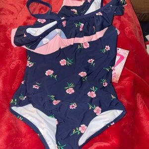 Kanu Surf Navy and Pink Floral Kids Swimsuit Size 10